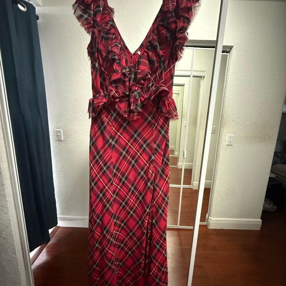 Free People Red Plaid Ruffle Dress